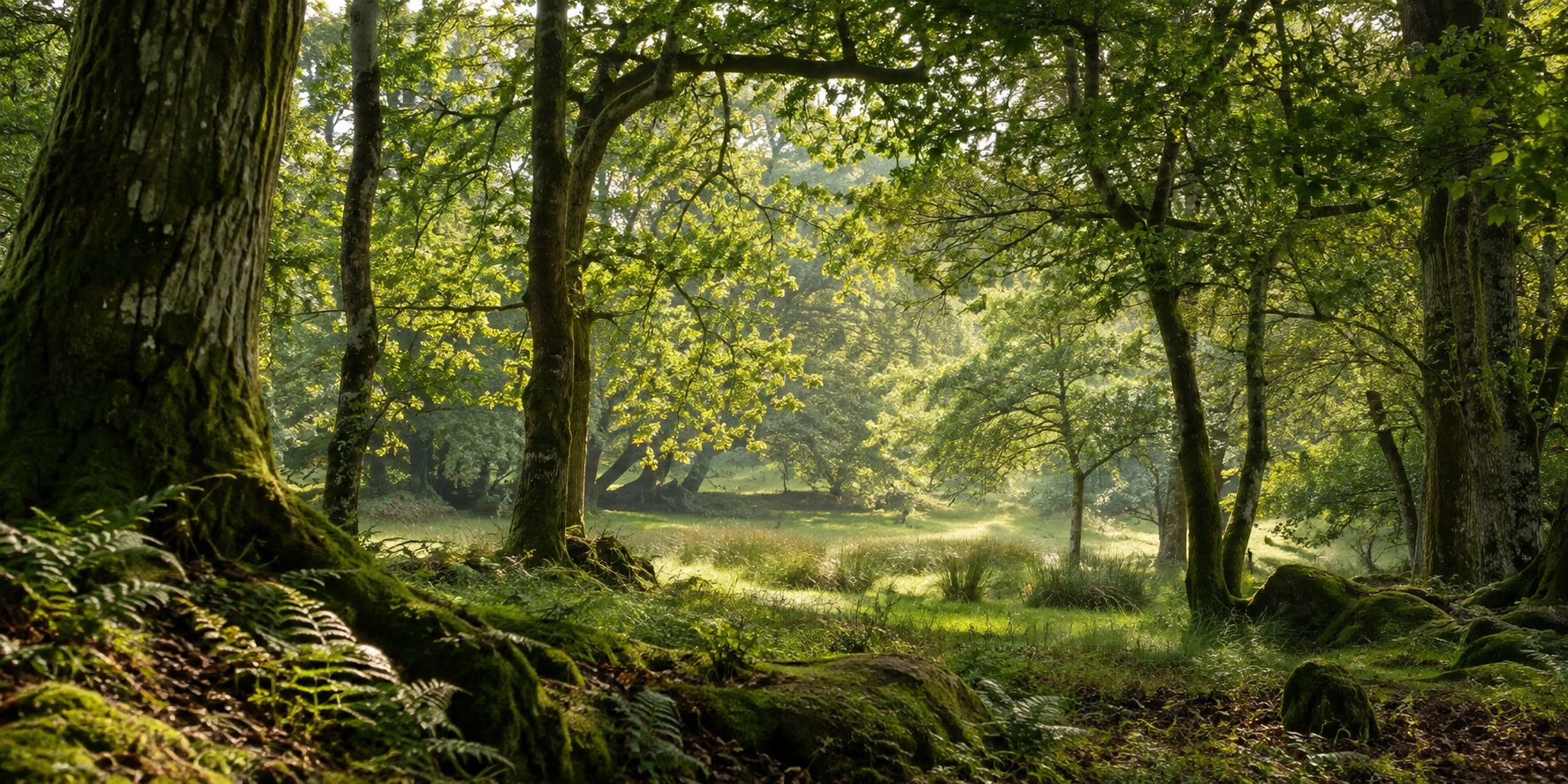 Sunlit woodland clearing with ferns and moss